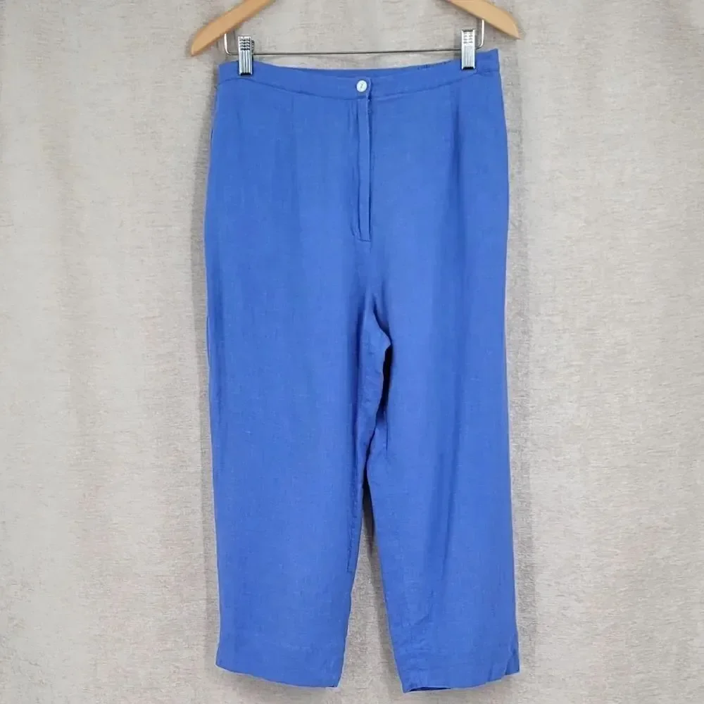Bob Mackie Linen Blend Vintage Blue Embroidered Top and Matching Cropped Pants